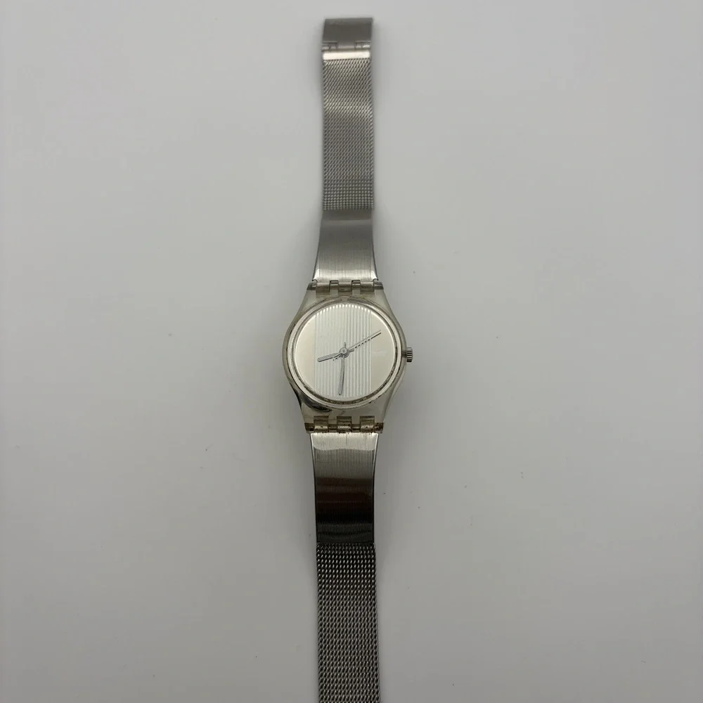 Womens Vintage Swatch Clear Case Watch Silver Mesh Band - needs battery
